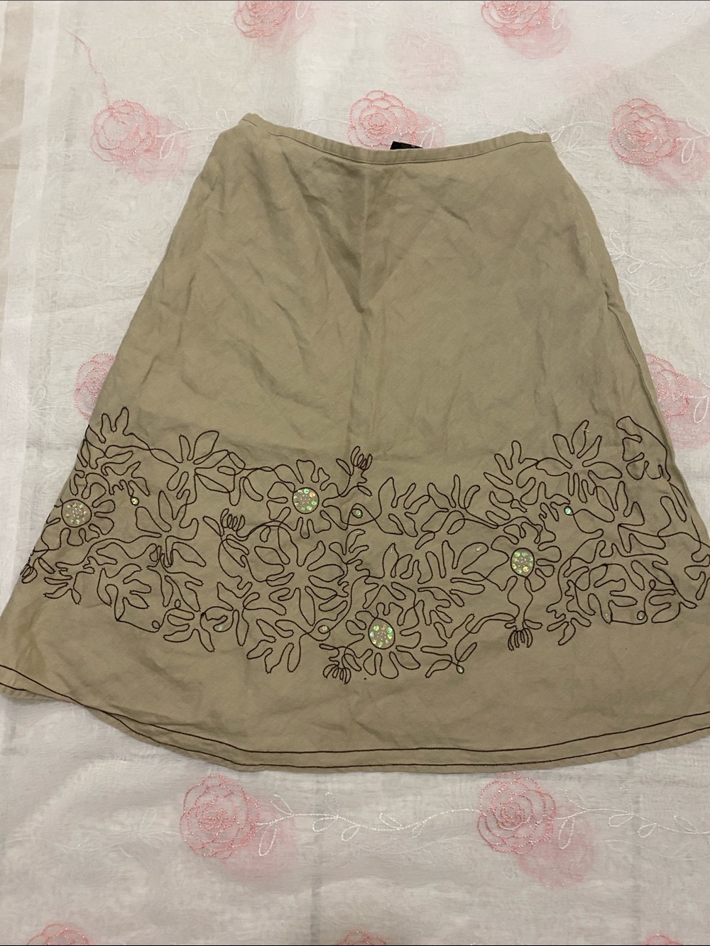 Rafaella Tan A-Line Skirt with Floral Embroidery